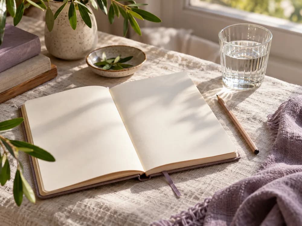 Caderno aberto e lápis em um canto tranquilo de casa.